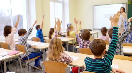 education, elementary school, learning and people concept - group of students raising hands on lesson in classroom